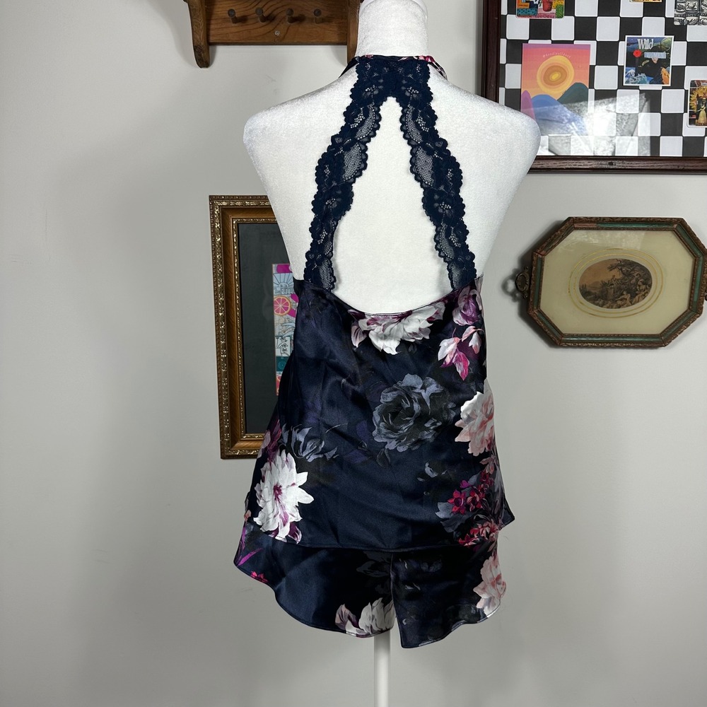 Lilac & London Navy Dark Floral Camisole & Short Satin Pajama Set w/ Lace Detail - Picture 2 of 7